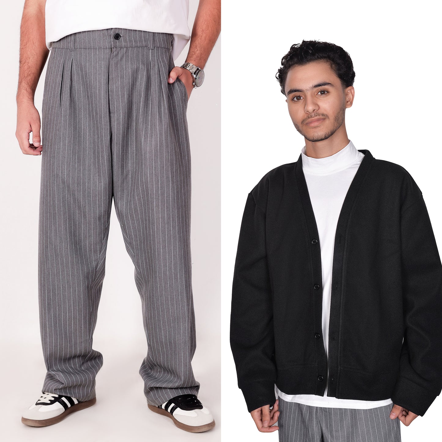 Cardigan + gray pinstripe pants