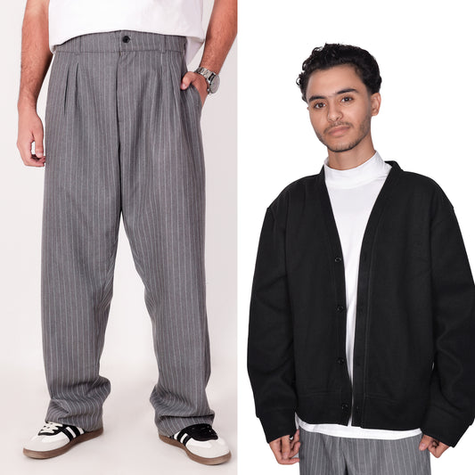 Cardigan + gray pinstripe pants