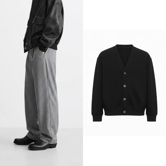 Cardigan + Wide leg pinstriped pants - gray